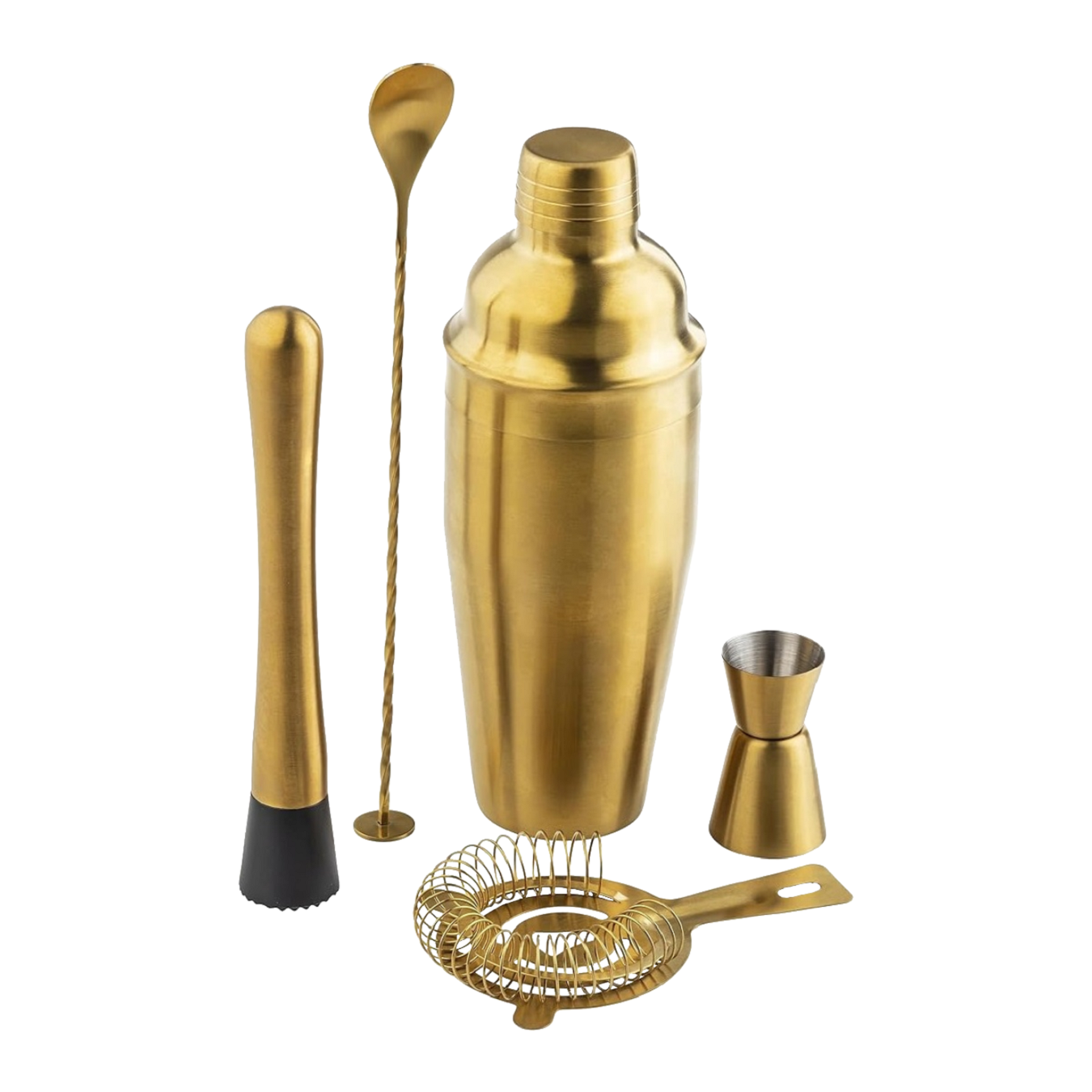 Gold cocktail shaker set with strainer, jigger, and other tools on a white background