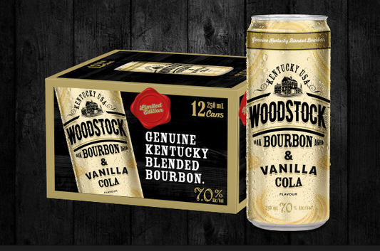 . Woodstock Bourbon & Vanilla Cola 12 Pack 250ml Cans (New) (Due May)