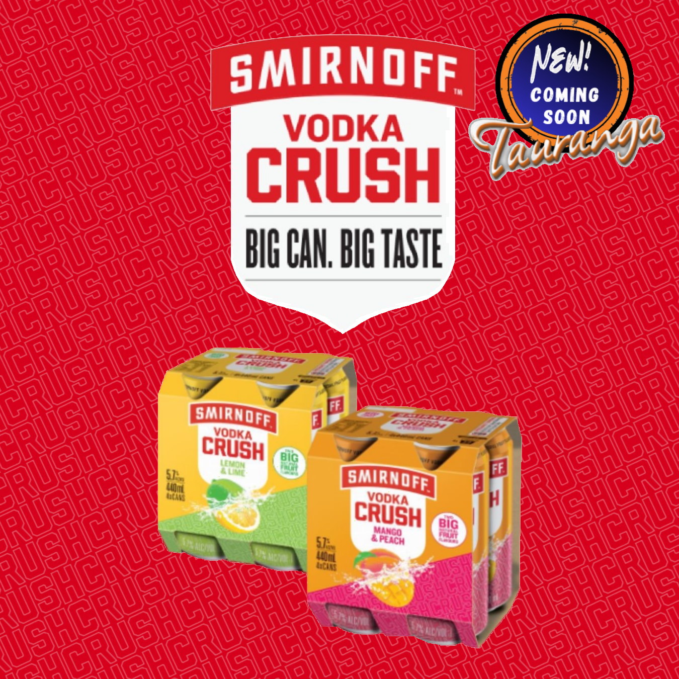 . Smirnoff Vodka Crush Mango & Peach 5.7% 4 Pack 440mL Cans (New) (Early September)