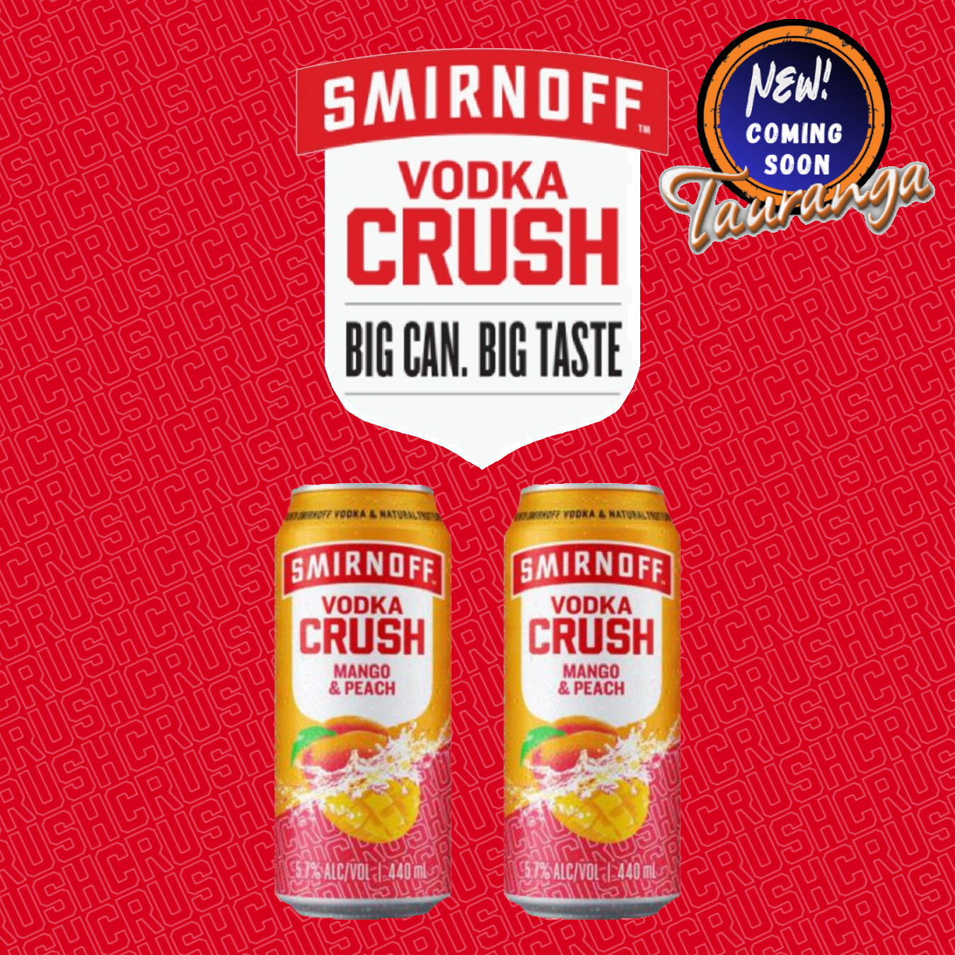 . Smirnoff Vodka Crush Mango & Peach 5.7% 4 Pack 440mL Cans (New) (Early September)