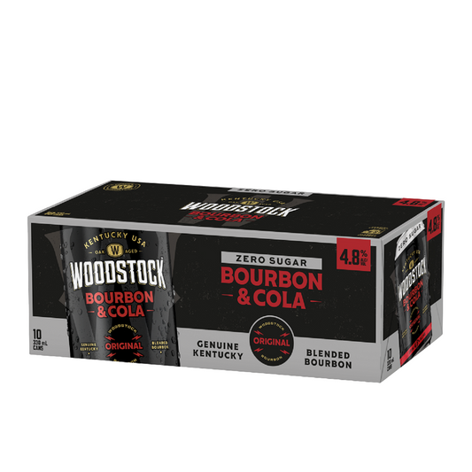 . Woodstock 4.8% Bourbon & Cola SUGAR FREE 10 Pack 330mL Cans (New) (1st Week September)