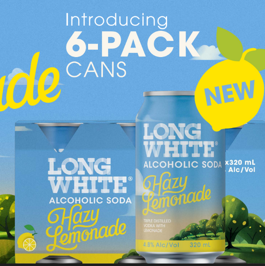 . 1234 Long White 6 Pack 4.8% Alcoholic Hazy Lemonade and Vodka 320ml Cans (New) (Due May)
