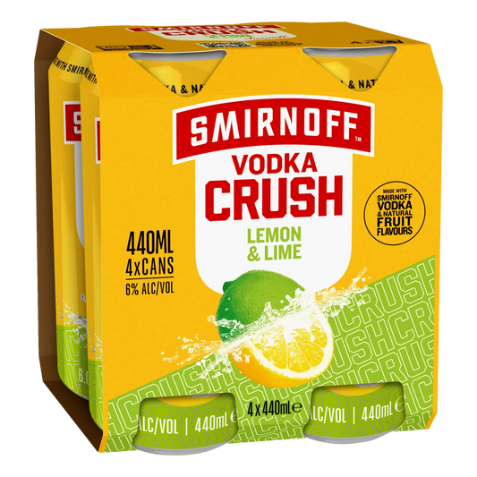 Smirnoff Vodka Crush Lemon & Lime 5.7% 4 Pack 440mL Cans (New)