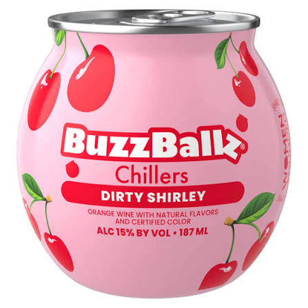 A pink BuzzBalk Chillers Dirty Shirley can with cherry illustrations and a silver metal top, shown on a plain white background, buy Buzzballs Thirsty Tauranga