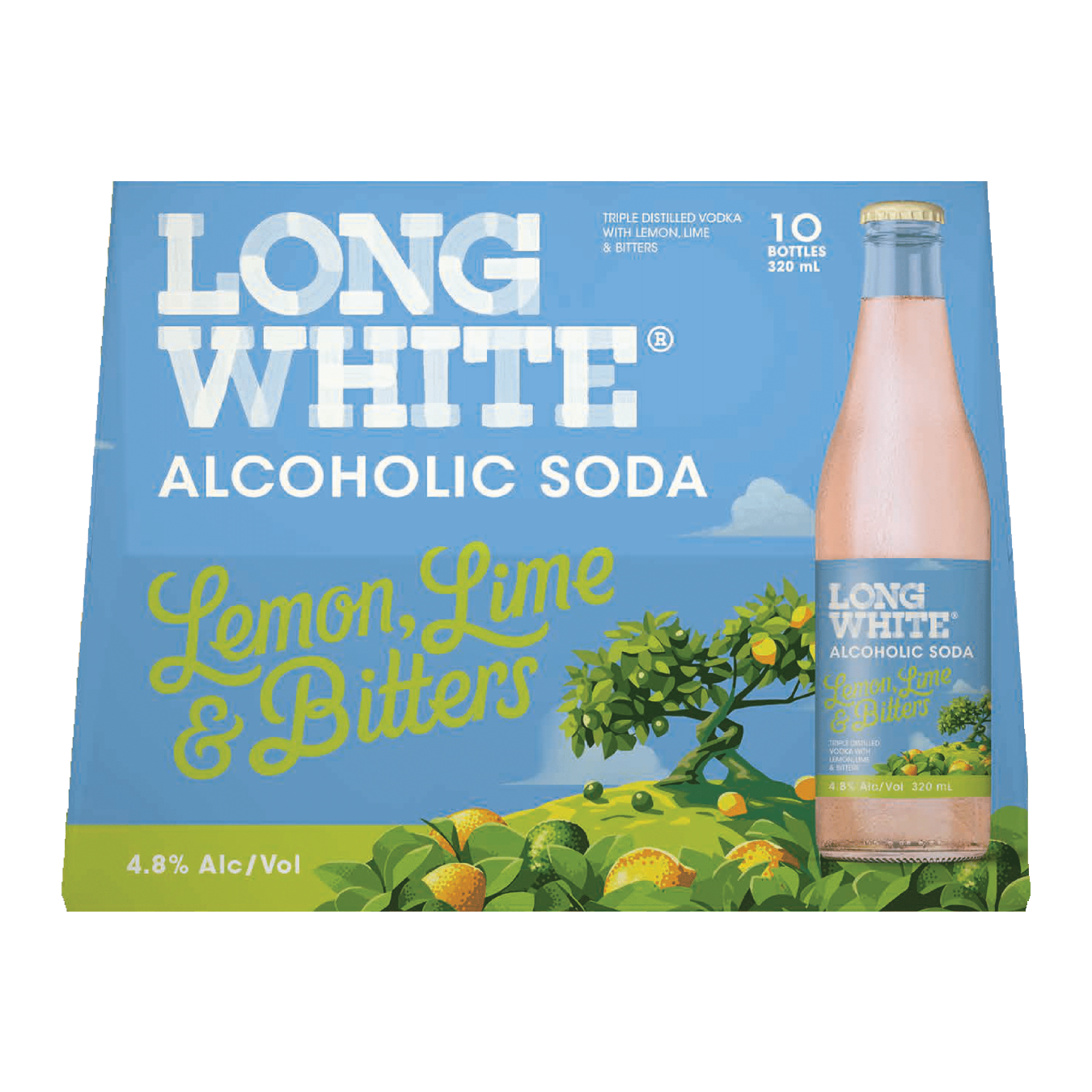 Long White Vodka 4.8% Lemon Lime & Bitters 10 Pack 320mL Bottles