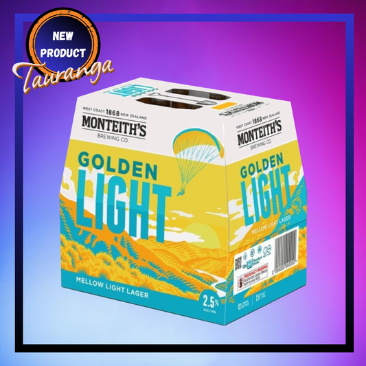 Monteiths Golden Light 12 Pack 330mL Bottles (New)