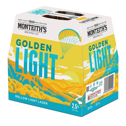 Monteiths Golden Light 12 Pack 330mL Bottles (New)