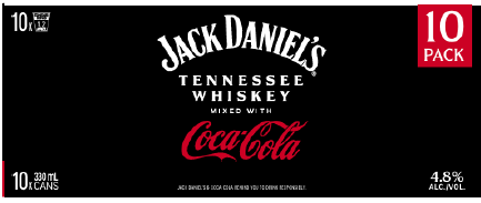 .Jack Daniels & Coke 4.8% 10 Pack 330mL Cans (New) (Coming January 2026)