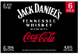 .Jack Daniels & Coke 4.8% 6 Pack 330mL Cans (New) (Coming January 2026)