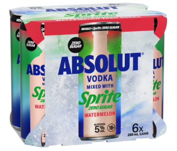 .  Absolut & Sprite Watermelon Zero Sugar 6 Pack 250mL Cans (New) (Due Soon) - (HO-BS)