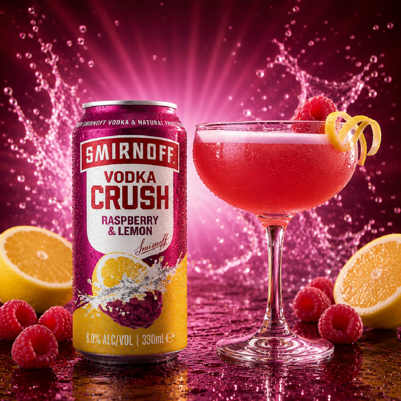Smirnoff Crush Raspberry & Lemon 5.7% 10 Pack 330mL Cans (New)