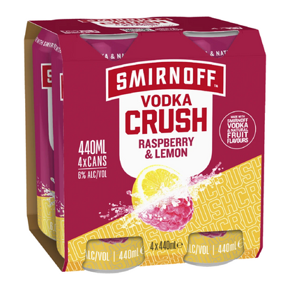 Smirnoff Crush Raspberry & Lemon 5.7% 4 Pack 440mL Cans (New) (HO-BS)