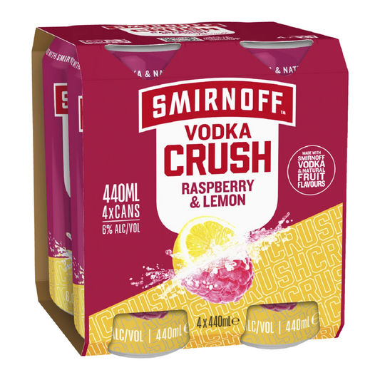 Smirnoff Crush Raspberry & Lemon 5.7% 4 Pack 440mL Cans   (New)