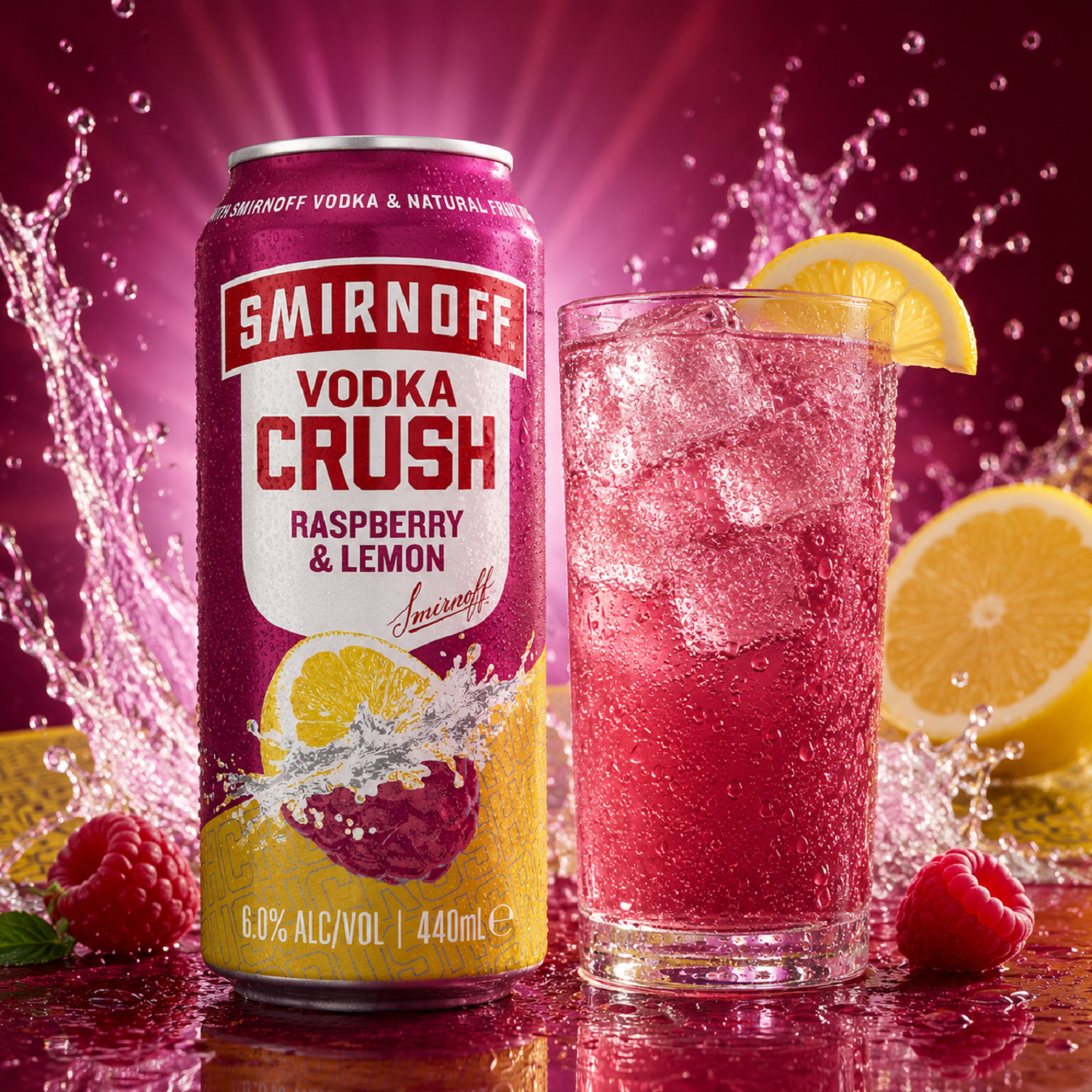 Smirnoff Crush Raspberry & Lemon 5.7% 4 Pack 440mL Cans (New) (HO-BS)