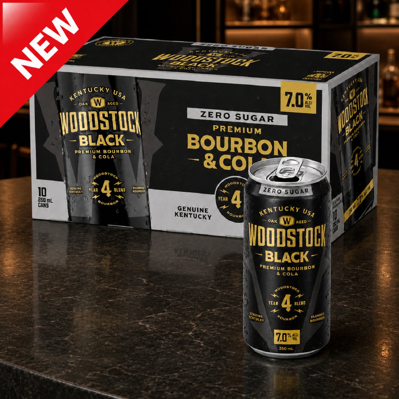 Woodstock 7% Black Bourbon & Cola SUGAR FREE 10 Pack 250mLCans (New) (1st Week September)