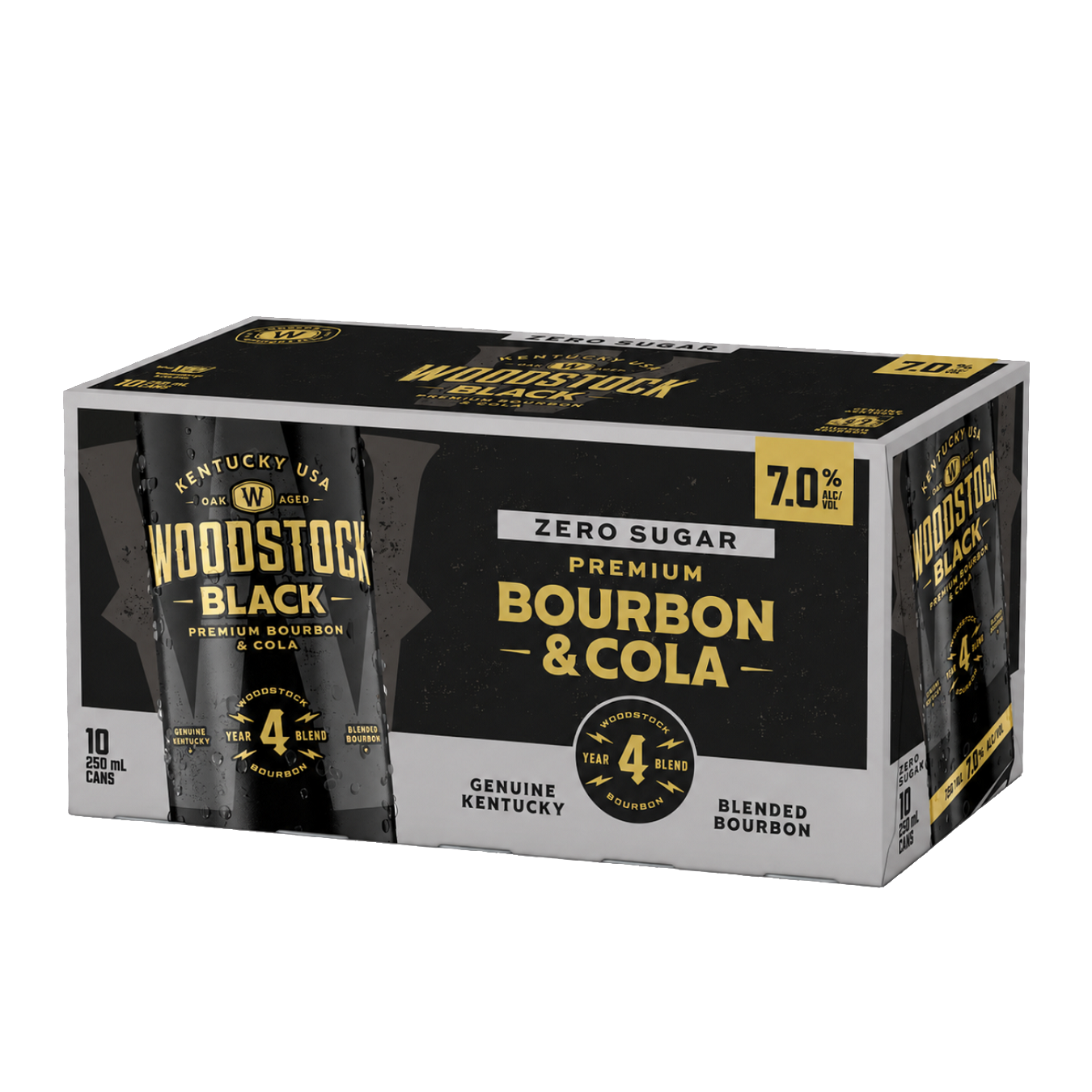 Woodstock 7% Black Bourbon & Cola SUGAR FREE 10 Pack 250mLCans (New) (1st Week September)