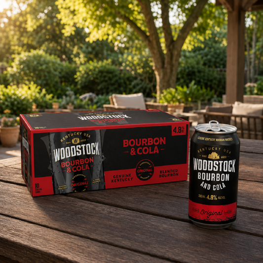 .  Woodstock Bourbon & Cola 4.8% 10 Pack 330mL Cans (New) (1st Week September)