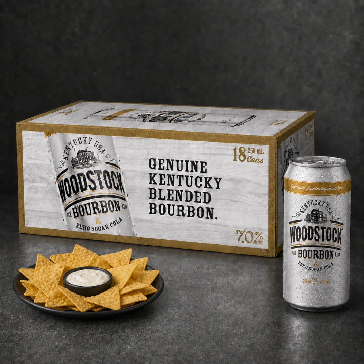 Woodstock 7% Bourbon & Cola SUGAR FREE 18 Pack 250mL Cans (New Packaging)