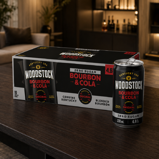 .  Woodstock 4.8% Bourbon & Cola SUGAR FREE 10 Pack 330mL Cans (New) (1st Week September)