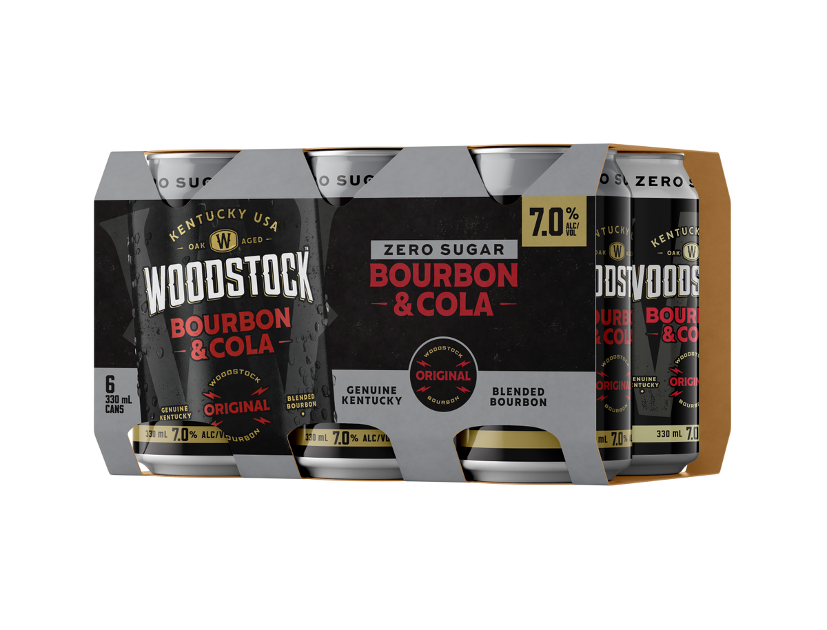 Woodstock 7% Bourbon & Cola SUGAR FREE 6 Pack 330mL Cans (New Packaging)