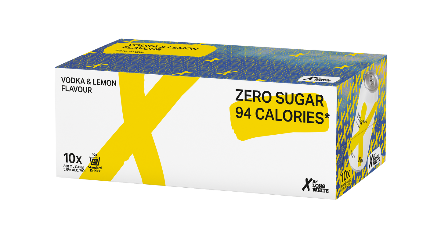 X By Long White Vodka & Lemon SUGAR FREE 10 Pack 330mL Cans (New) (Multibuy - 2 For $50)