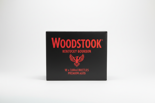 Woodstock bourbon box of 18, bottles, 330ml in size. black box with red writing. 